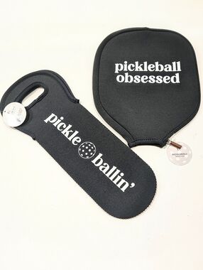 Set of 2 Pickleball Paddle Cover + Ball / Wine Bottle Case Gray Neoprene Protect